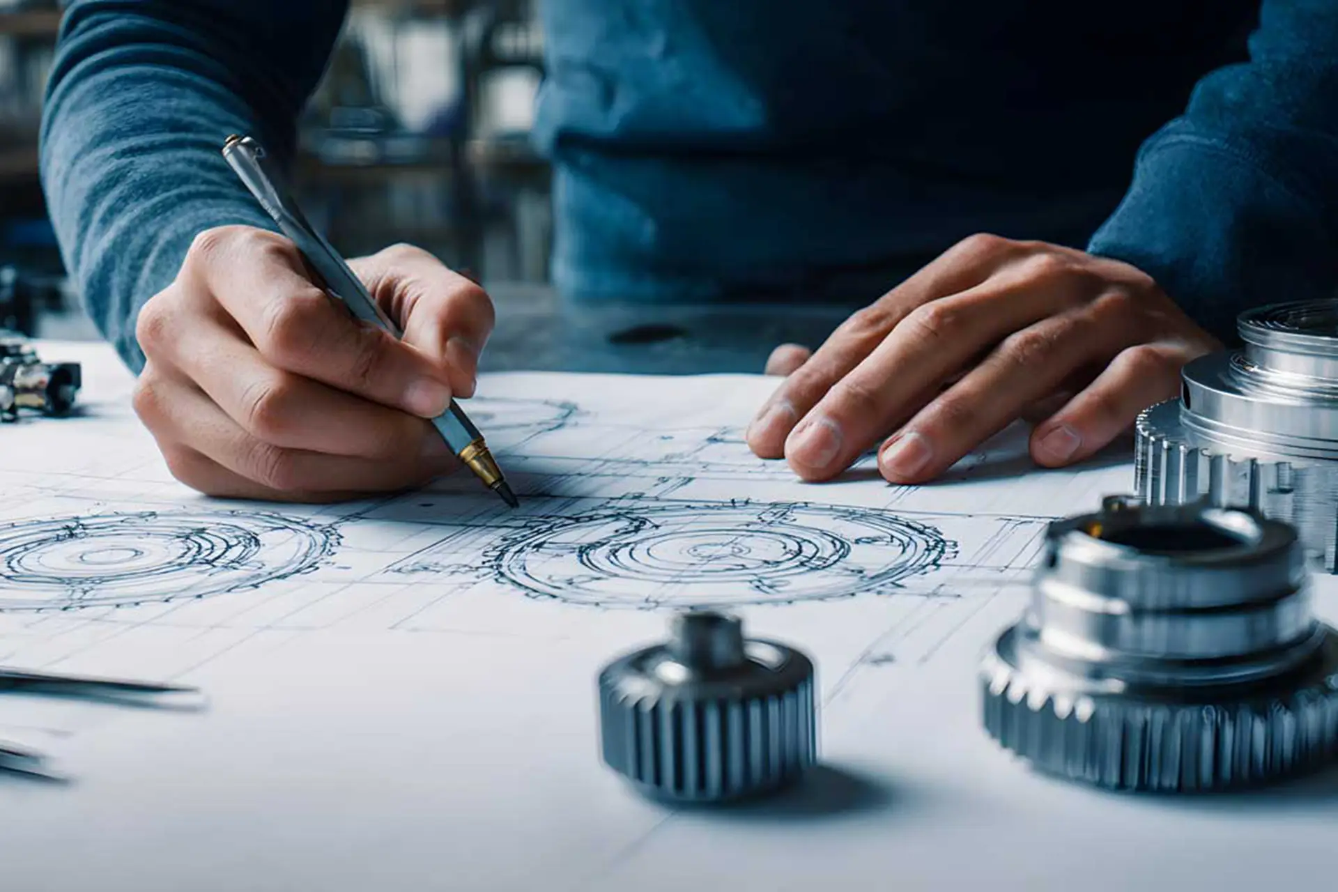 Tecnico annota un disegno meccanico per valutare il preventivo di componenti industriali a disegno.