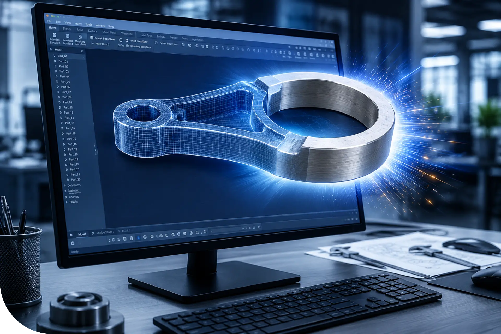 Modello 3D di componente meccanico visualizzato su monitor per controllo qualità computerizzato.