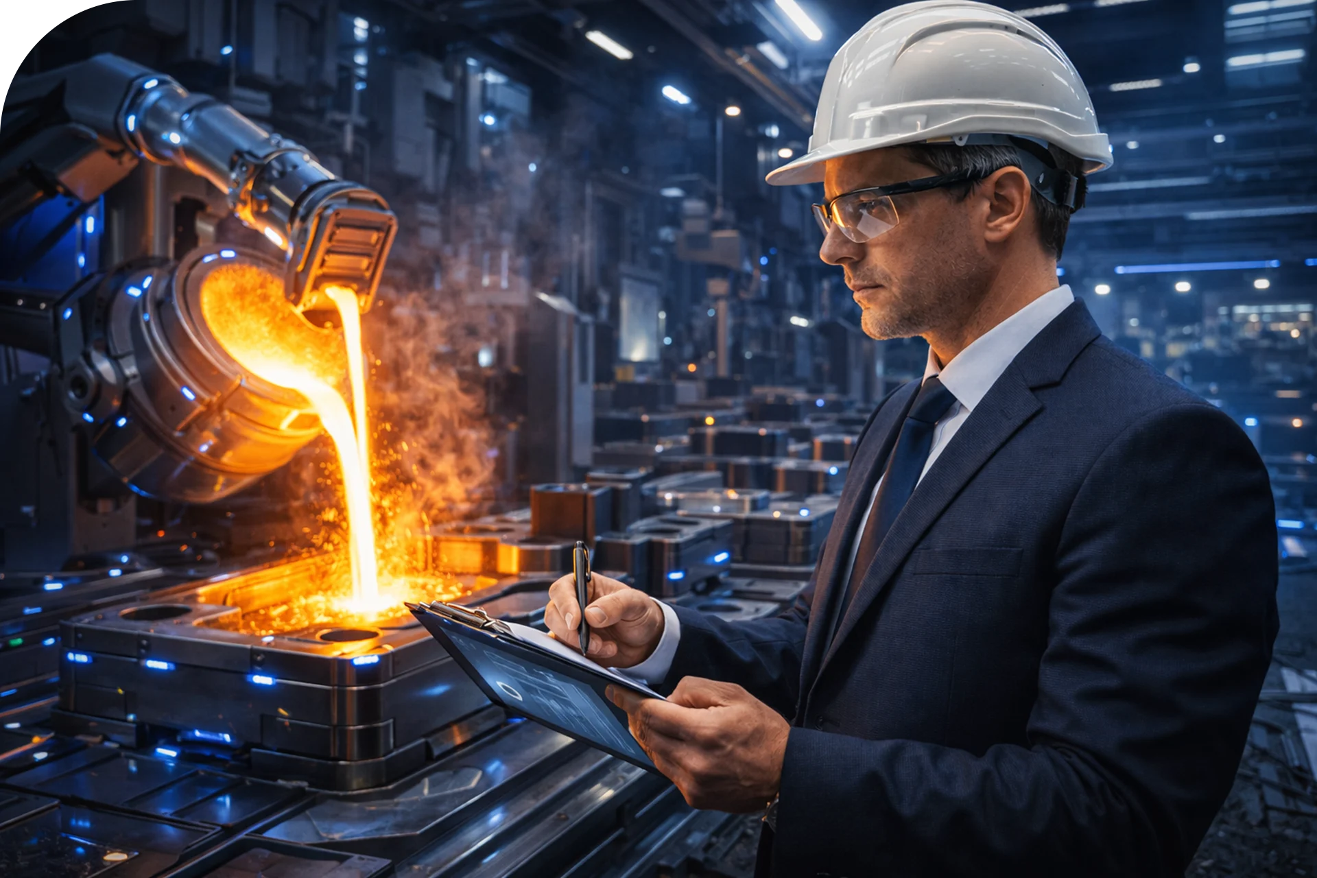Tecnico in ambiente produttivo durante il controllo qualità di un processo di lavorazione industriale.
