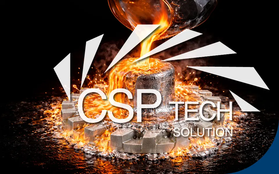 Hero banner CSP Tech Solution con colata di metallo fuso per microfusione e componenti metallici a disegno.