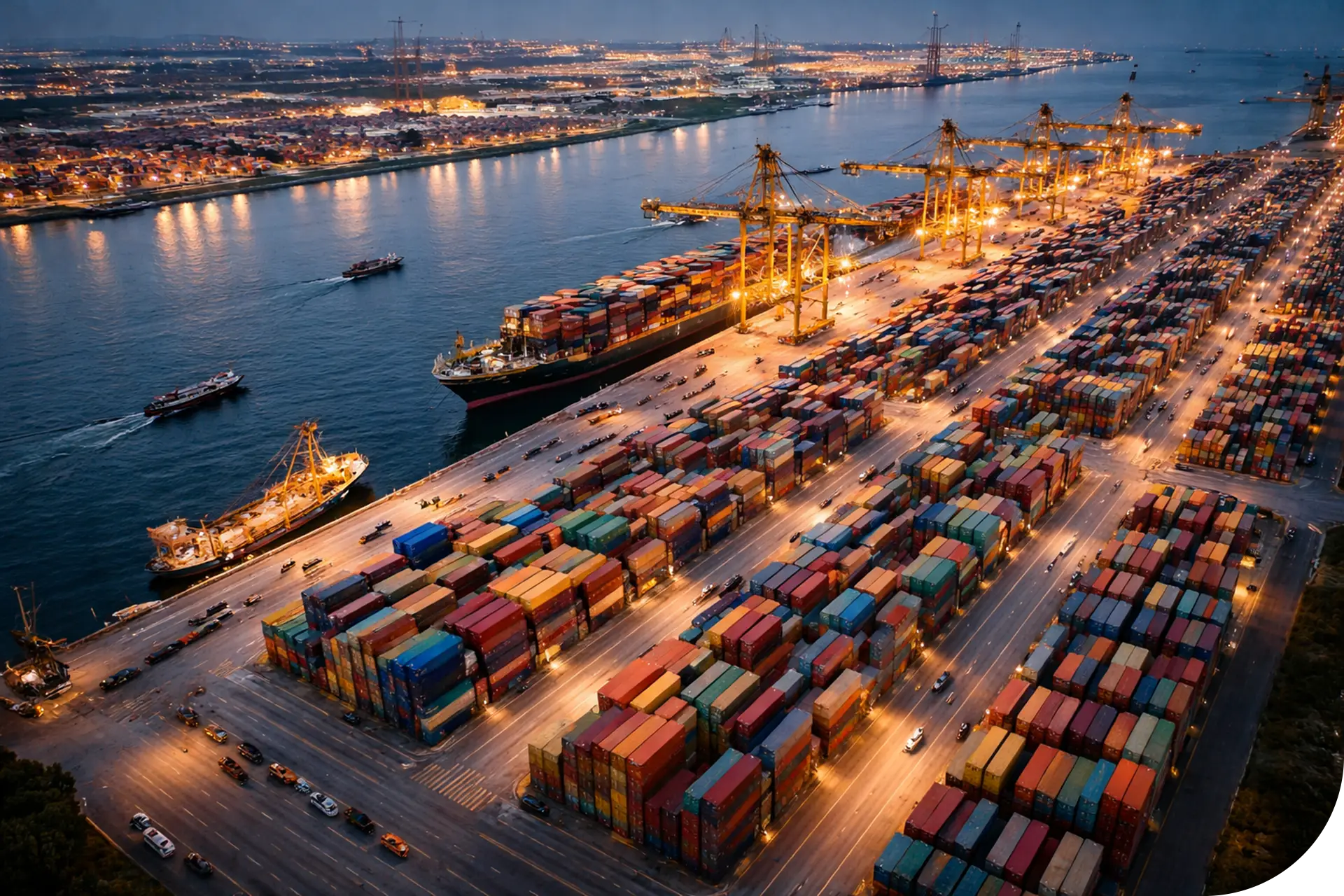 Area portuale con container, gru e nave cargo per logistica industriale e spedizioni internazionali.