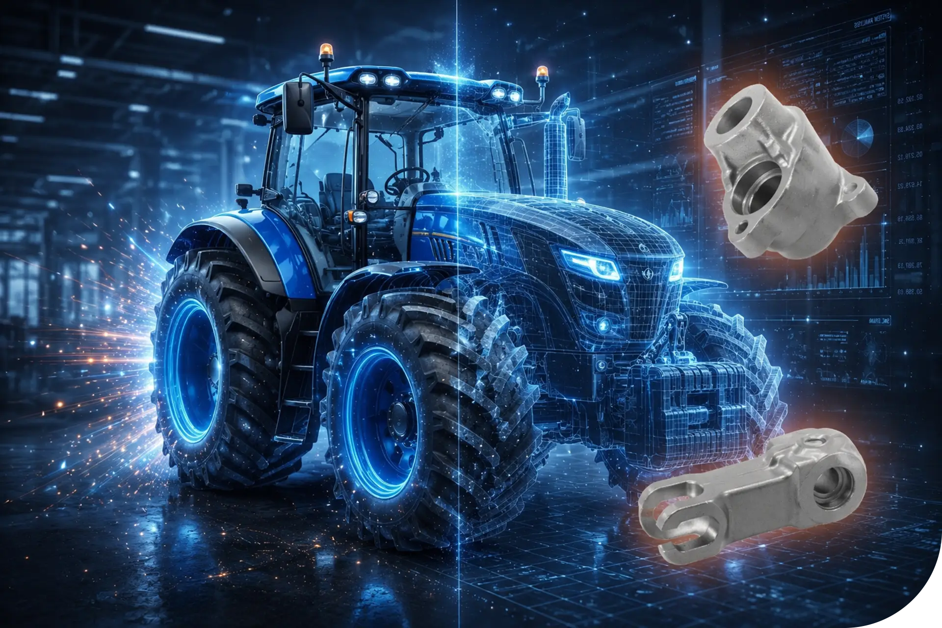 Trattore digitale con componenti meccanici a disegno per macchine agricole e applicazioni industriali.