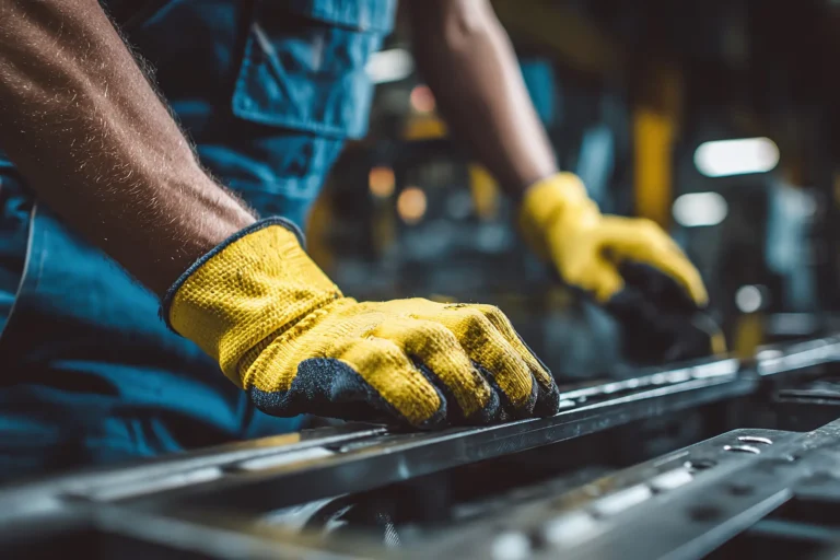 Operatore con guanti protettivi durante la lavorazione e movimentazione di profili metallici in officina.