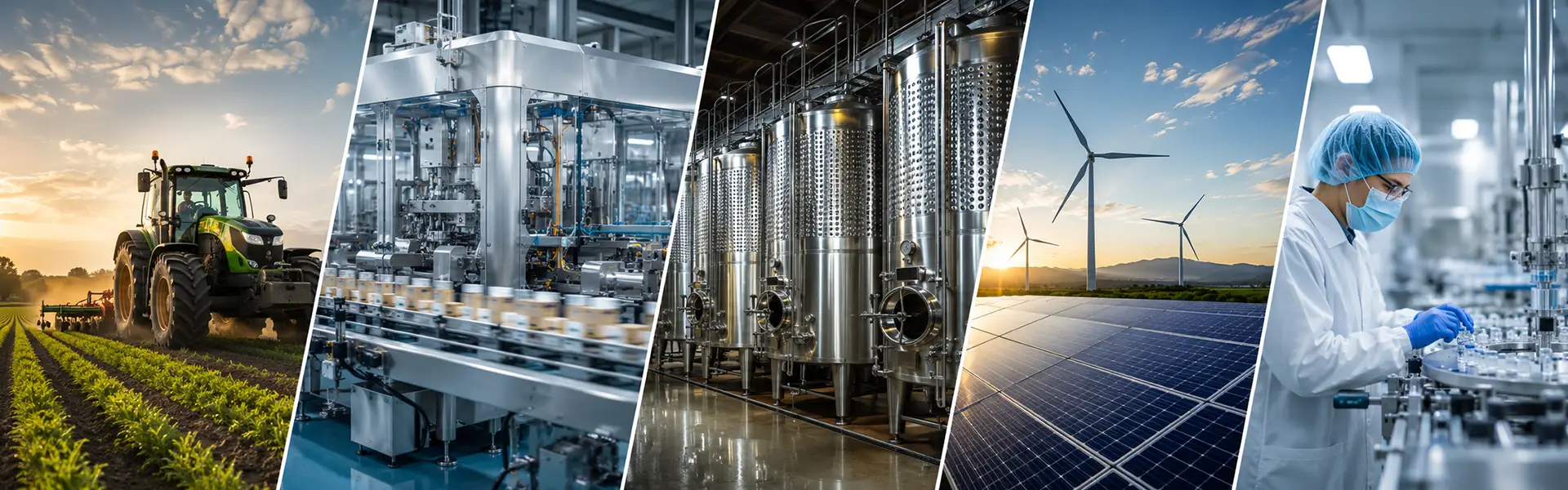 Collage dei settori industriali serviti da fusioni e lavorazioni conto terzi: automotive, agricoltura, packaging, enologia, rinnovabili e farmaceutico.